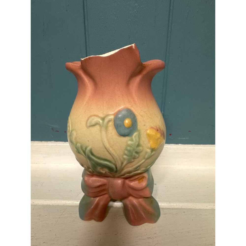 Mid Century 6" HULL POTTERY Bow-Knot Vase Floral Pink Blue B-2 Vintage *broken